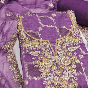 Luxury Purple Floral Weaving Banarasi Silk Dress Material With Fine Sequins Cording Hand Embroidery