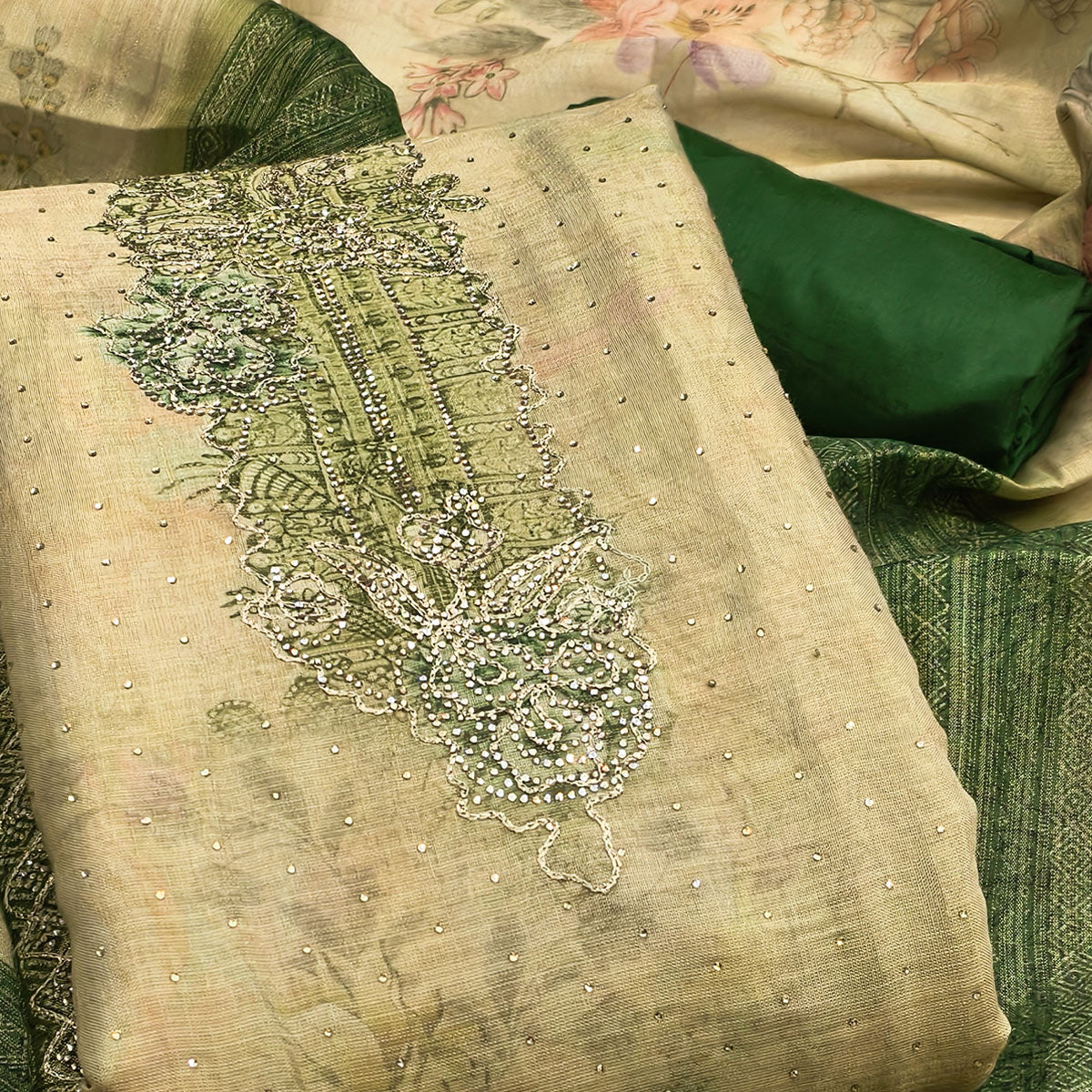 Sophisticated Green Floral Digital Print With Swarovski Work Shimmer Dress Material