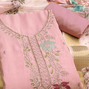 Charming Peach Floral Thread Embroidered With Artful Handwork Cotton Silk Dress Material