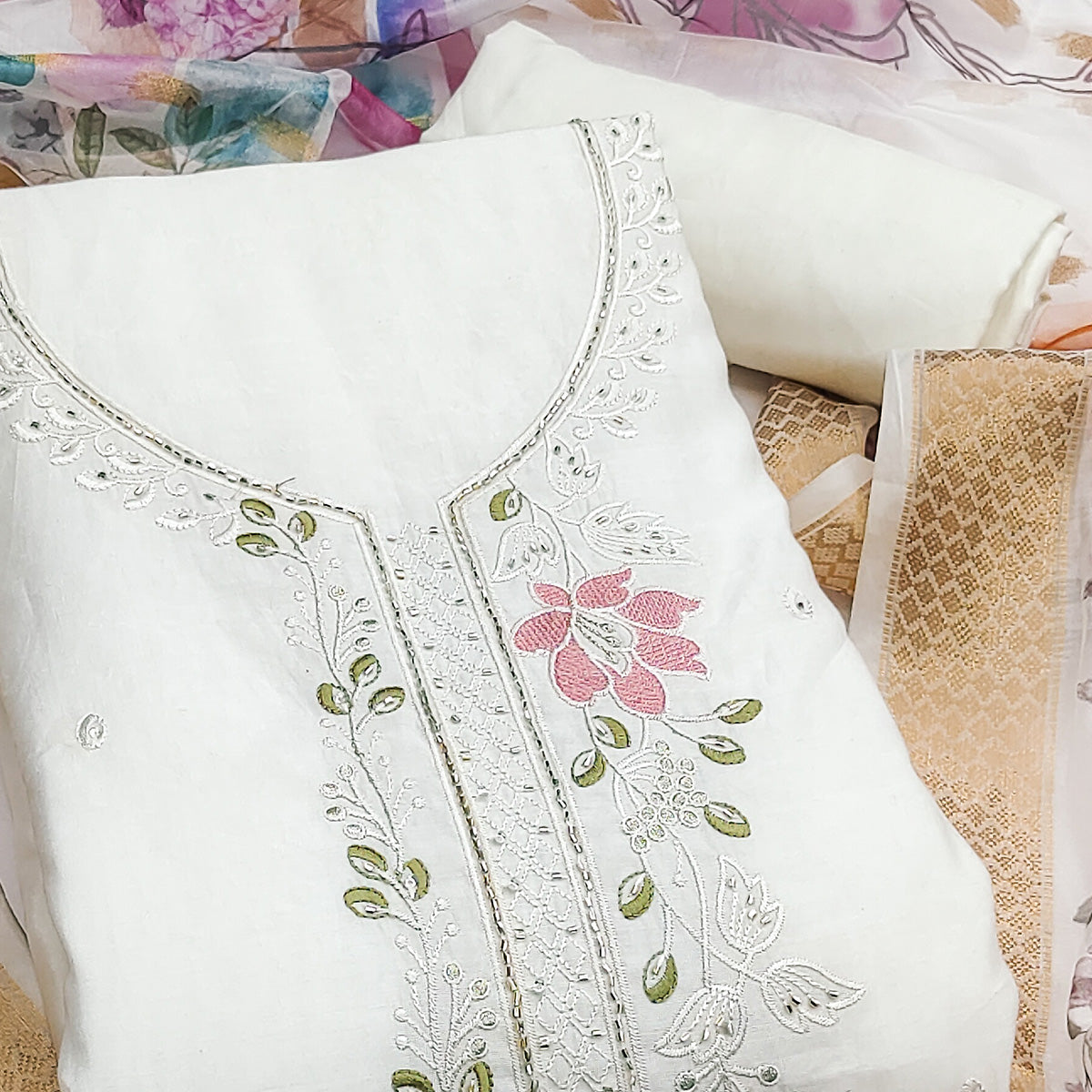 Charming White Floral Thread Embroidered With Artful Handwork Cotton Silk Dress Material