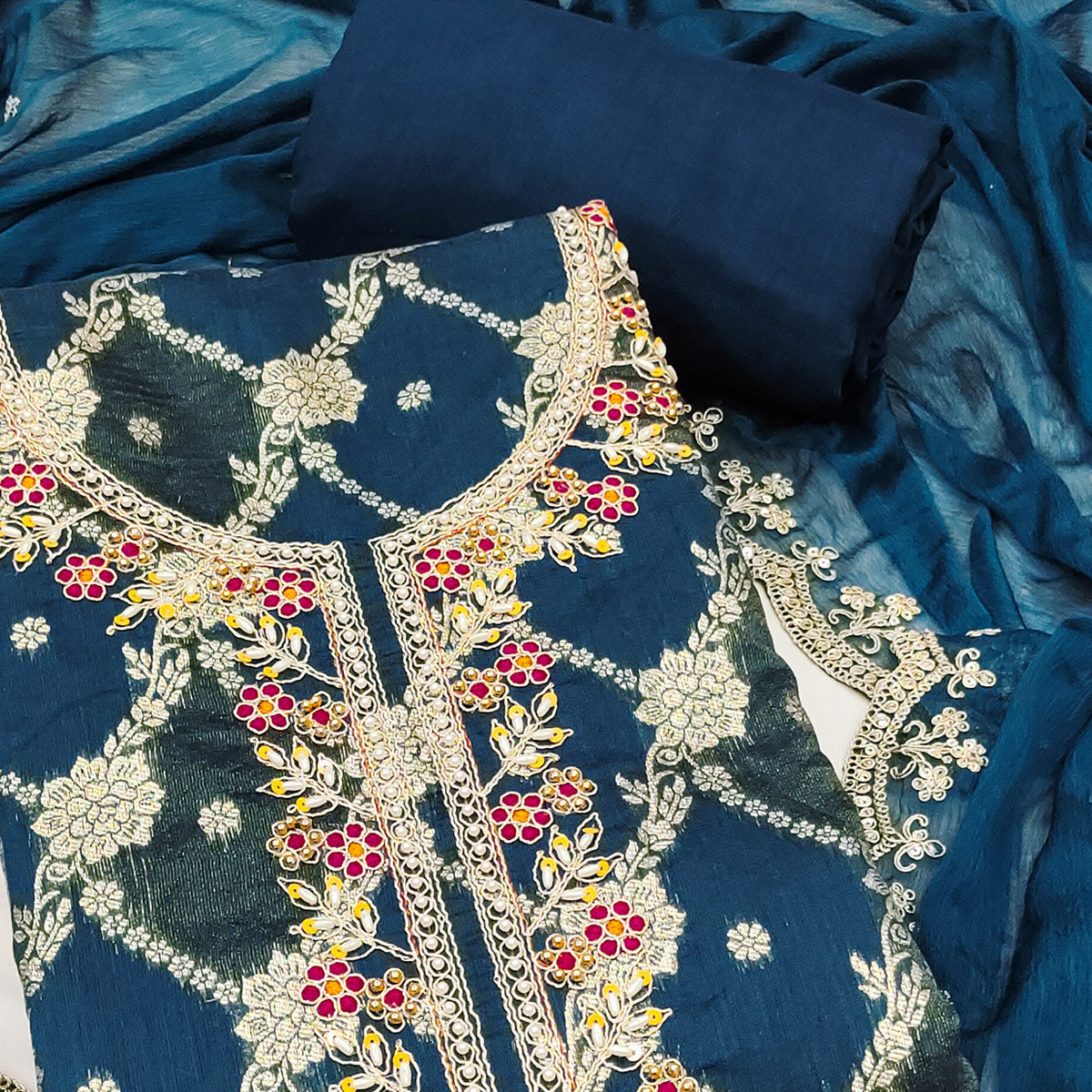 Opulent Blue Floral Woven Banarasi Silk Dress Material With Detailed Handwork & Sequin Embroidery