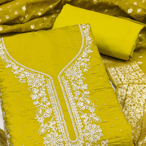 Luxury Green Floral Embroidered Cotton Silk Dress Material Enhanced With Swarovski Work