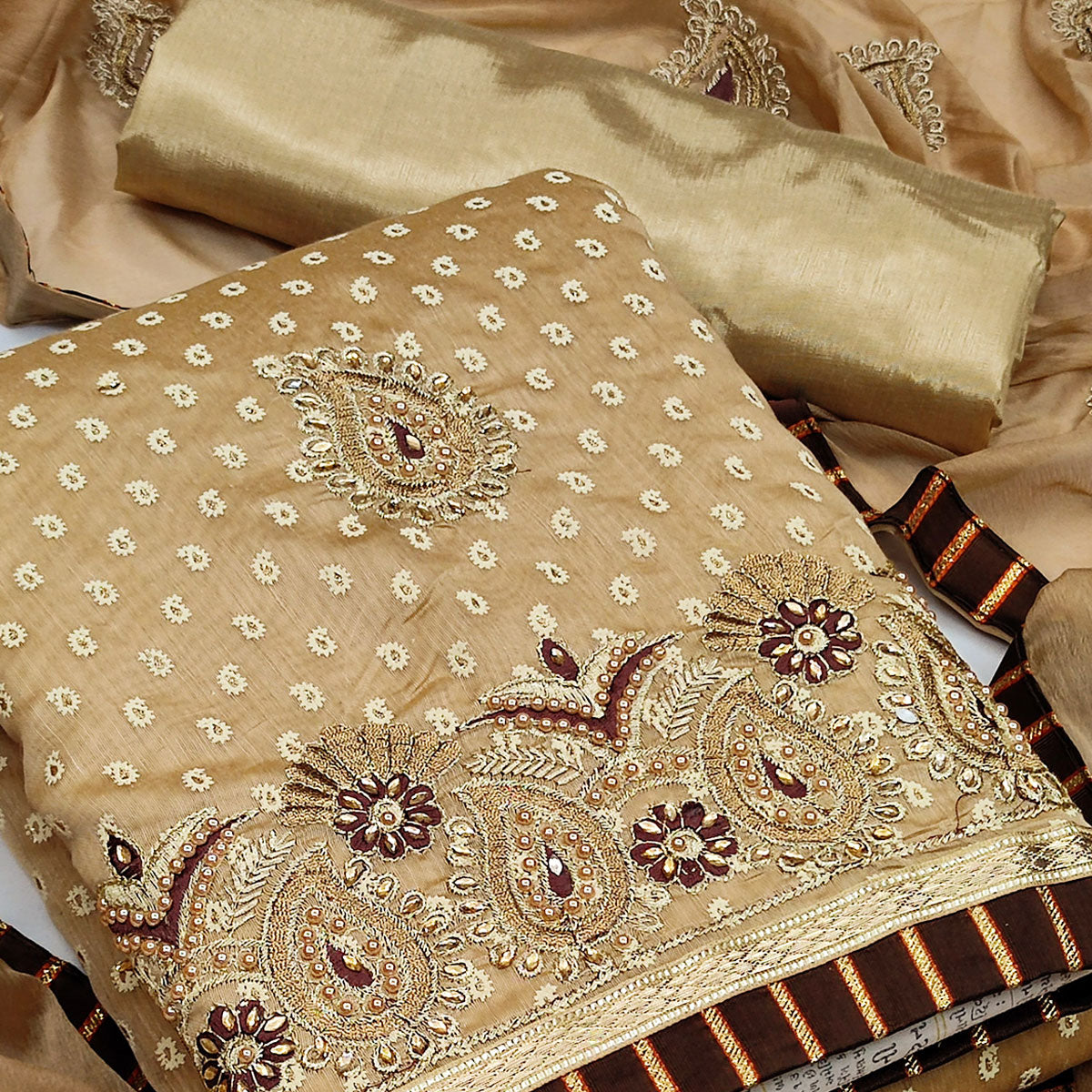 Graceful Chikoo Chanderi Silk Dress Material Adorned With Paisley Embroidery & Moti Hand Work