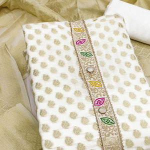 Luxurious White Golden Butti Banarasi Silk Weaving Dress Material With Elegant Neck Work