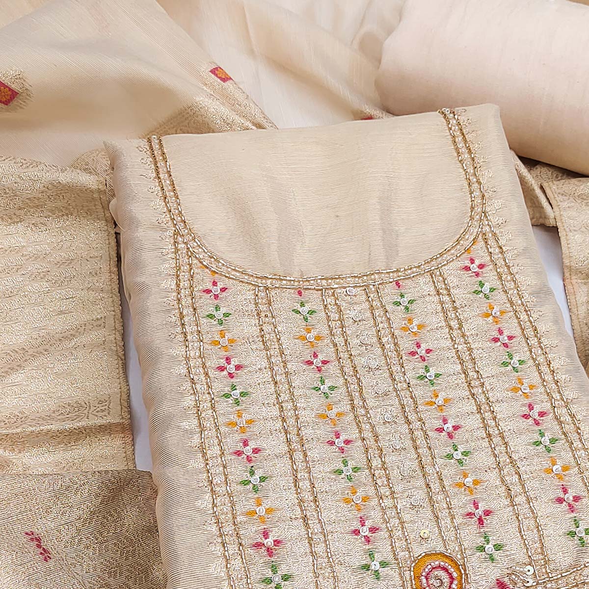 Elegant Cream Floral Weaving Shimmer Banarasi Dress Material With Beads & Sequins Neckline Work
