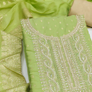 Graceful Green Cording Embroidery Chanderi Silk Banarasi Dress Material With Sequins & Moti Work