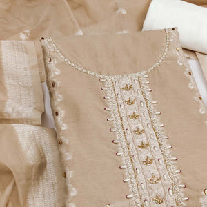 Elegant Chikoo Floral Weaving Cotton Silk Banarasi Dress Material Adorned With Beads & Stone Work