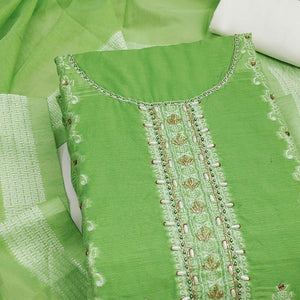 Elegant Green Floral Weaving Cotton Silk Banarasi Dress Material Adorned With Beads & Stone Work