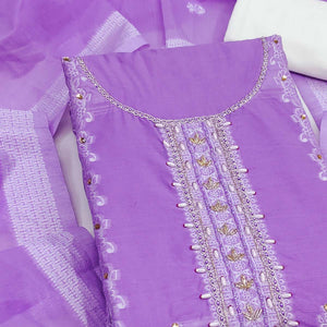 Elegant Lavender Floral Weaving Cotton Silk Banarasi Dress Material Adorned With Beads & Stone Work