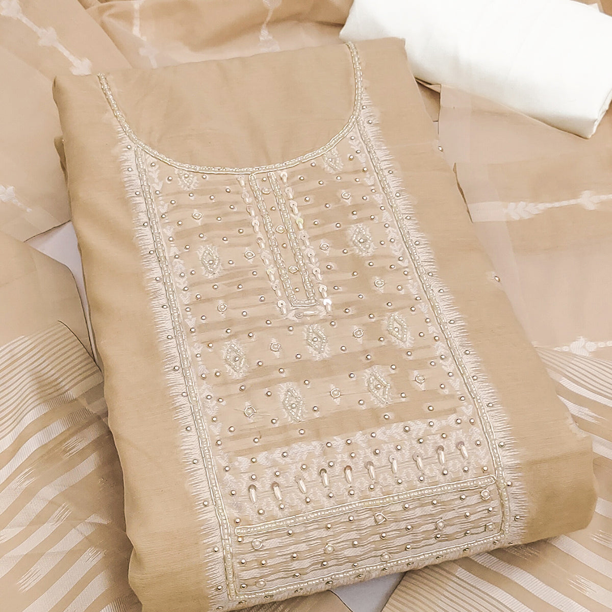 Radiant Chikoo Woven Cotton Silk Banarasi Dress Material Adorned With Moti & Sequins Handwork