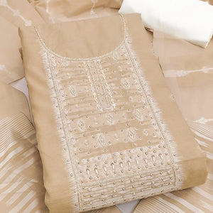Radiant Chikoo Woven Cotton Silk Banarasi Dress Material Adorned With Moti & Sequins Handwork
