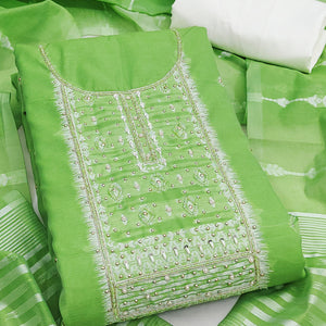 Radiant Green Woven Cotton Silk Banarasi Dress Material Adorned With Moti & Sequins Handwork