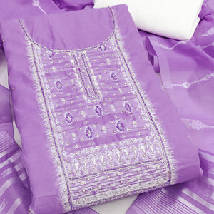 Radiant Lavender Woven Cotton Silk Banarasi Dress Material Adorned With Moti & Sequins Handwork