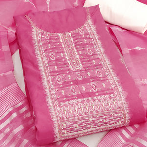 Radiant Pink Woven Cotton Silk Banarasi Dress Material Adorned With Moti & Sequins Handwork
