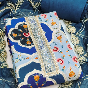 Classic Blue Floral Digital Printed Viscose Dress Material With Sequins Embroidery & Moti Handwork