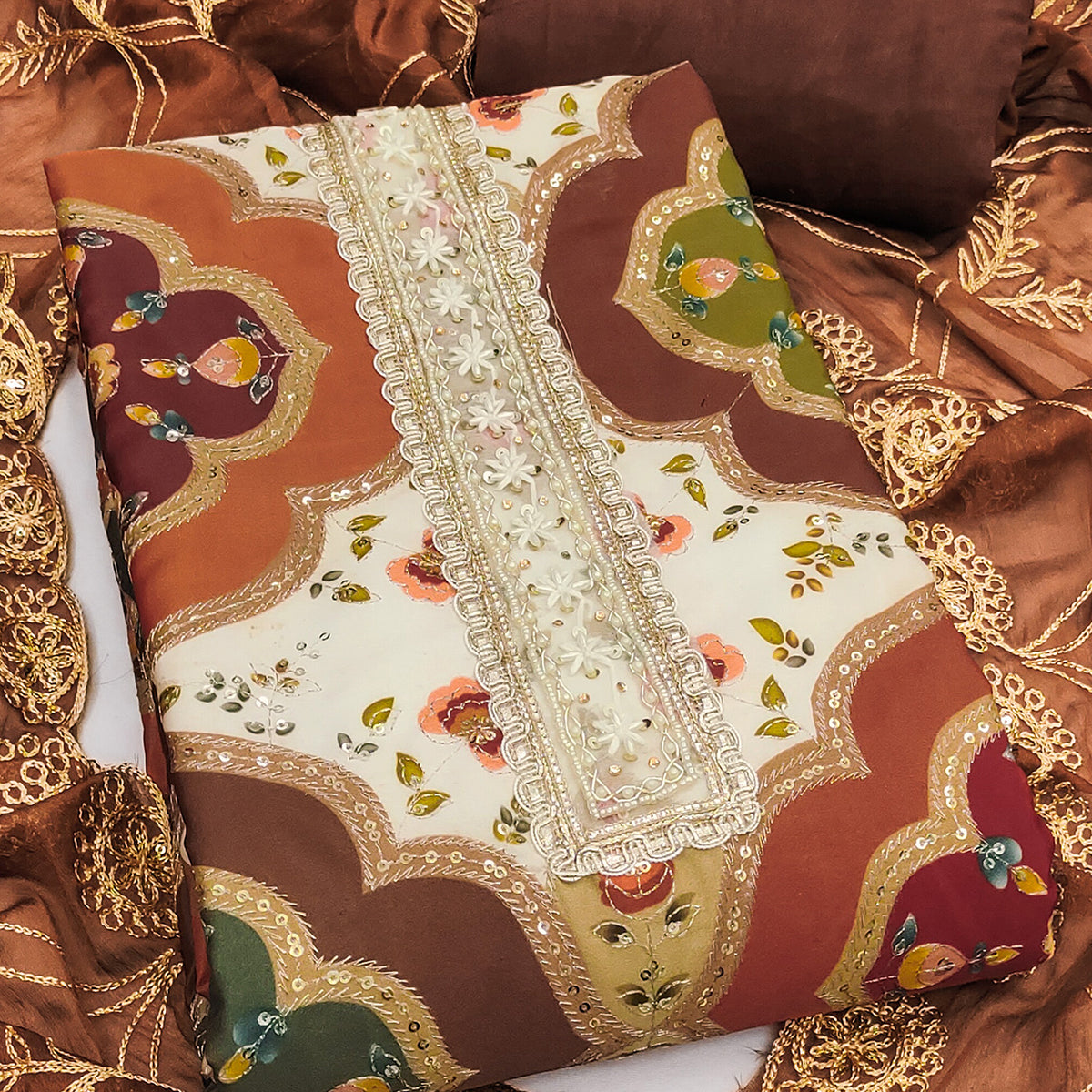 Classic Brown Floral Digital Printed Viscose Dress Material With Sequins Embroidery & Moti Handwork