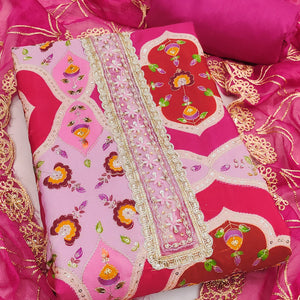 Classic Pink Floral Digital Printed Viscose Dress Material With Sequins Embroidery & Moti Handwork