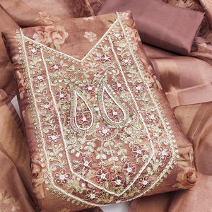 Classic Brown Floral Digital Printed Viscose Dress Material With Sequins Embroidery & Moti Handwork