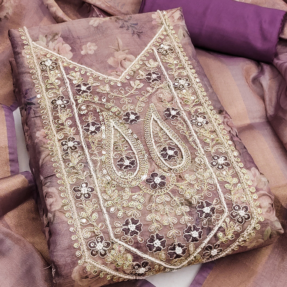 Classic Purple Floral Digital Printed Viscose Dress Material With Sequins Embroidery & Moti Handwork
