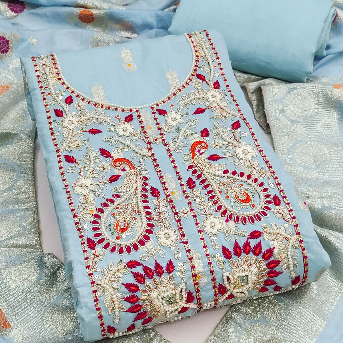 Timeless Blue Floral Weaving Muslin Dress Material With Elegant Sequins Embroidery & Moti Work