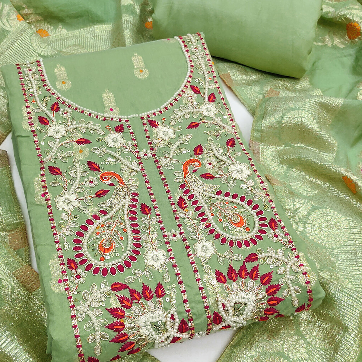 Timeless Mint Green Floral Weaving Muslin Dress Material With Elegant Sequins Embroidery & Moti Work