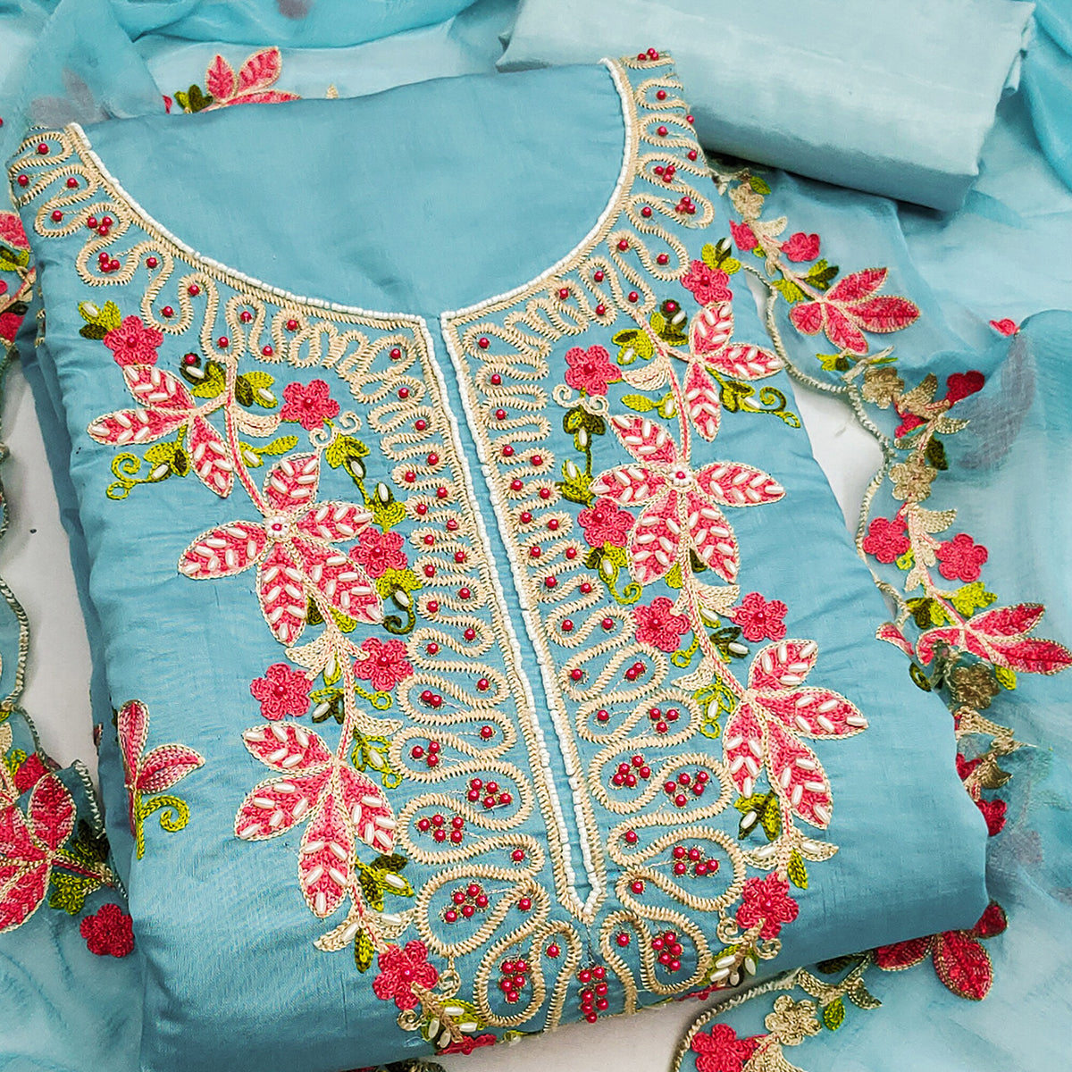Charming Blue Floral Embroidery Cotton Silk Dress Material Enhanced With Elegant Moti Handwork
