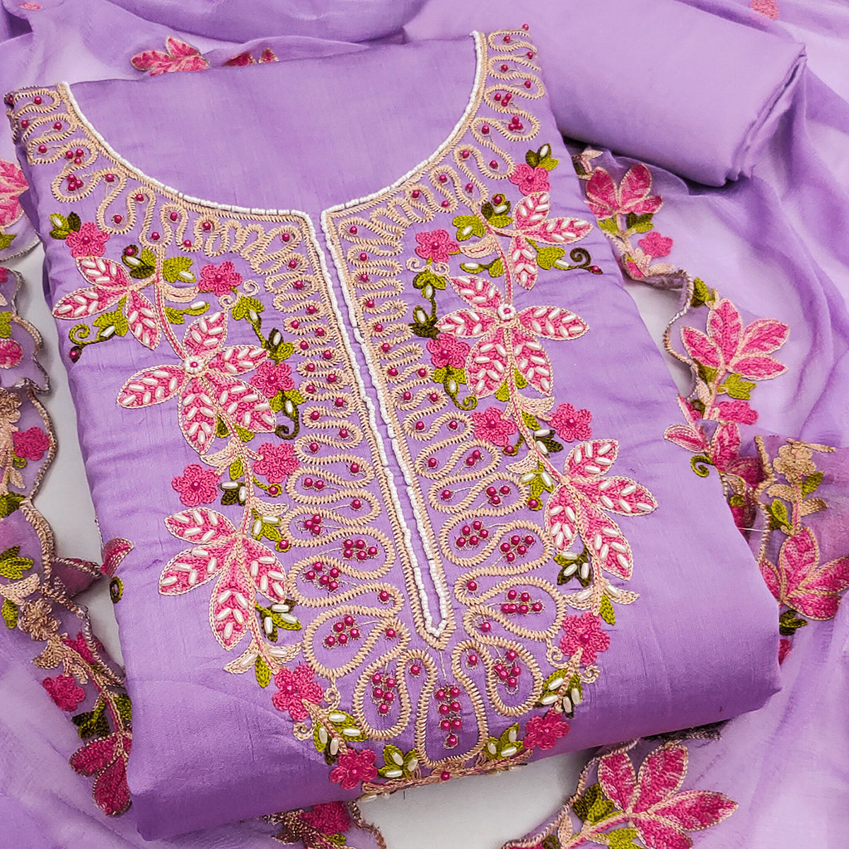 Charming Lavender Floral Embroidery Cotton Silk Dress Material Enhanced With Elegant Moti Handwork