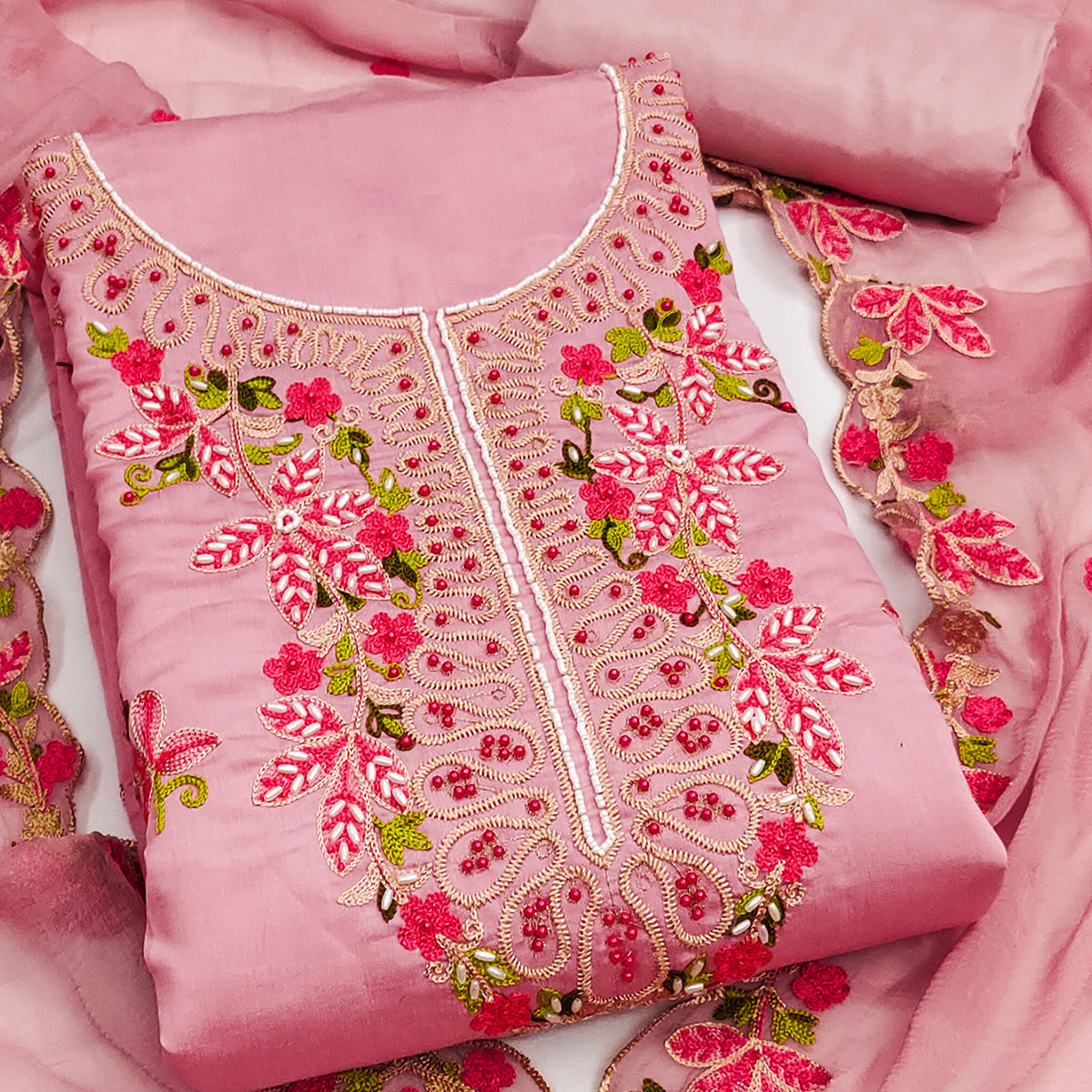 Charming Peach Floral Embroidery Cotton Silk Dress Material Enhanced With Elegant Moti Handwork