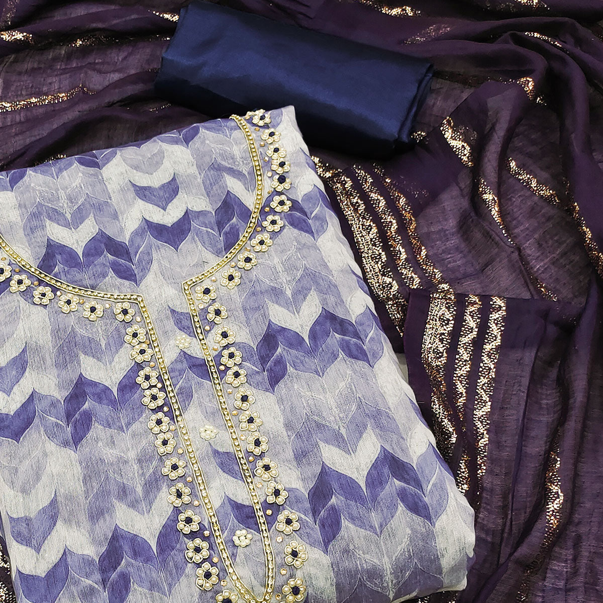 Blue Printed With Handwork Chanderi Silk Dress Material