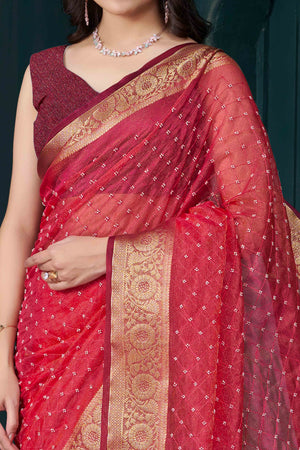 Red Jacquard Saree With Intricate Beads Handwork & Floral Weaving Border