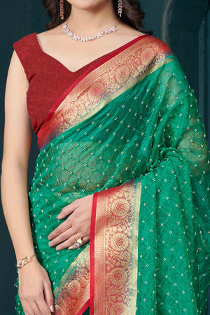 Green Jacquard Saree With Intricate Beads Handwork & Floral Weaving Border