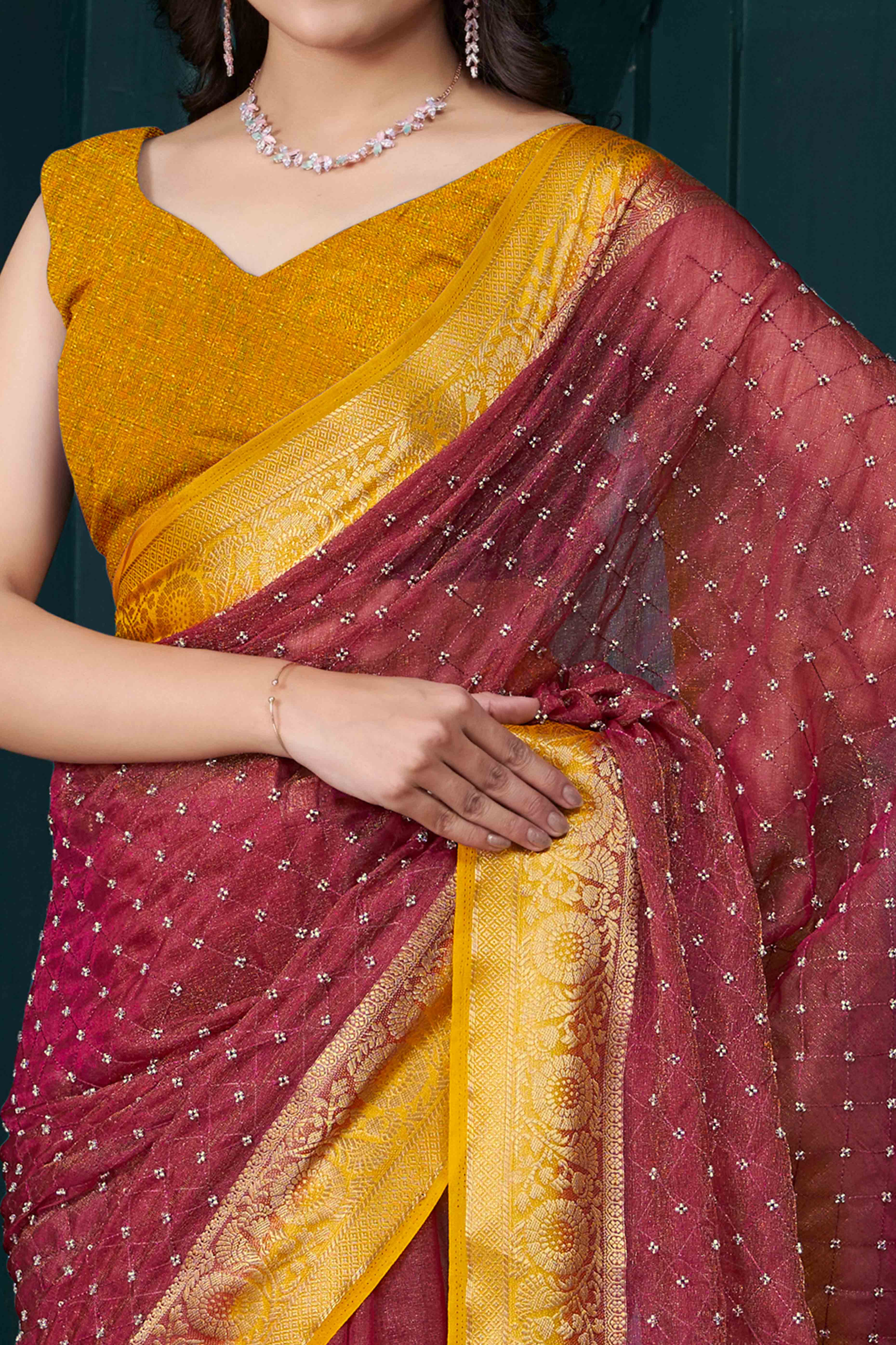 Maroon Jacquard Saree With Intricate Beads Handwork & Floral Weaving Border
