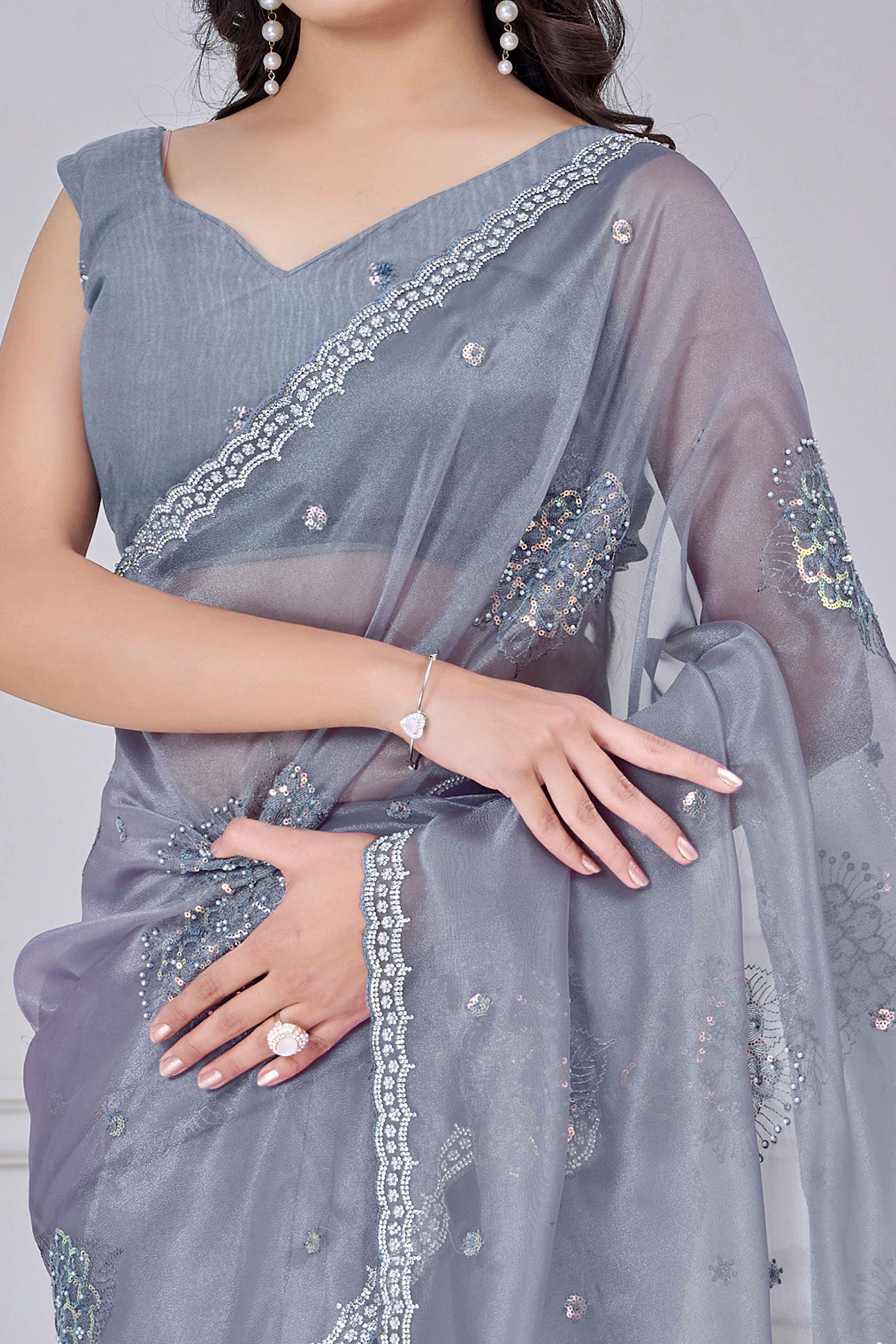 Greyish Blue Sequins & Moti Work Organza Saree With Elegant Zarkan Border Detailing