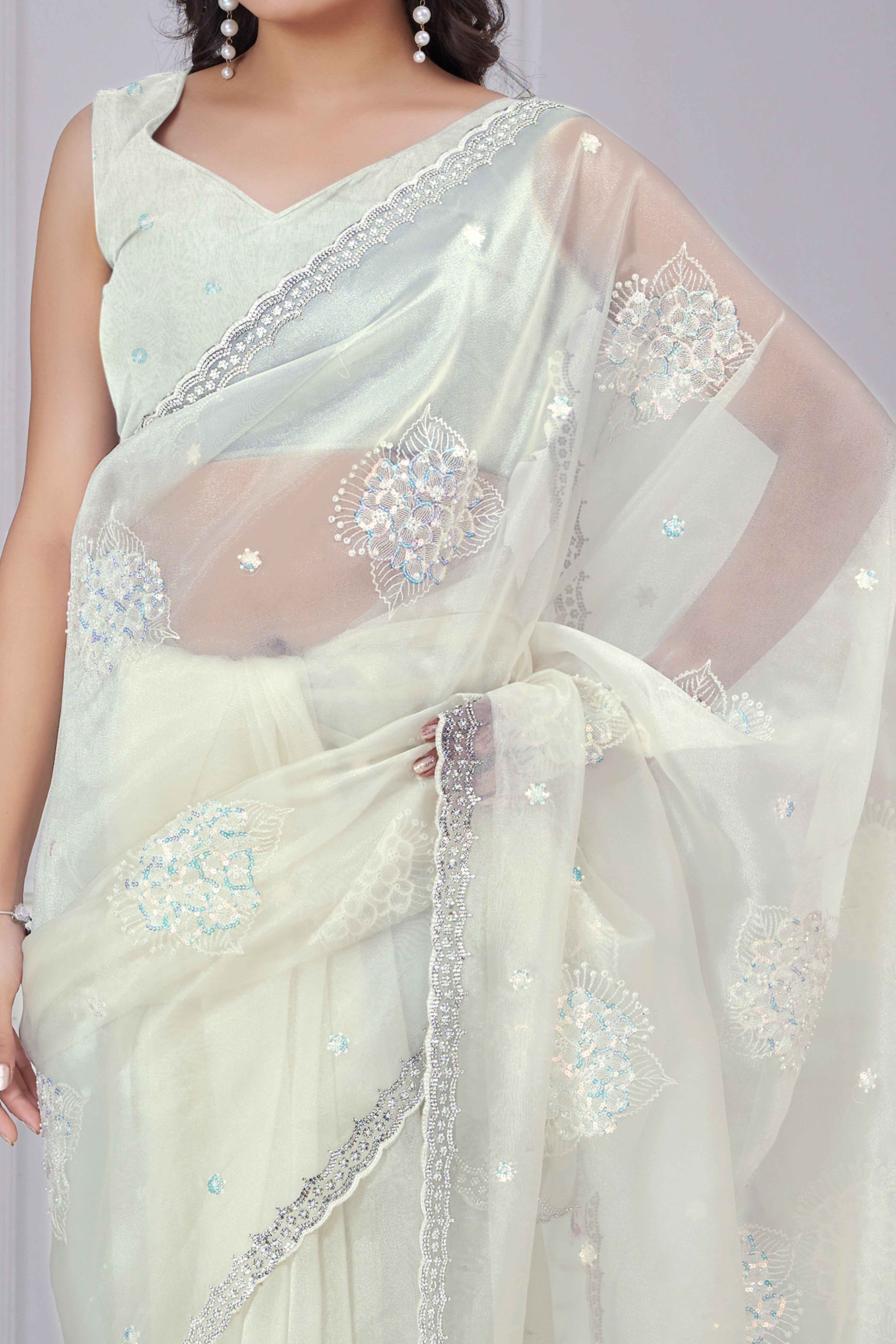 Offwhite Sequins & Moti Work Organza Saree With Elegant Zarkan Border Detailing