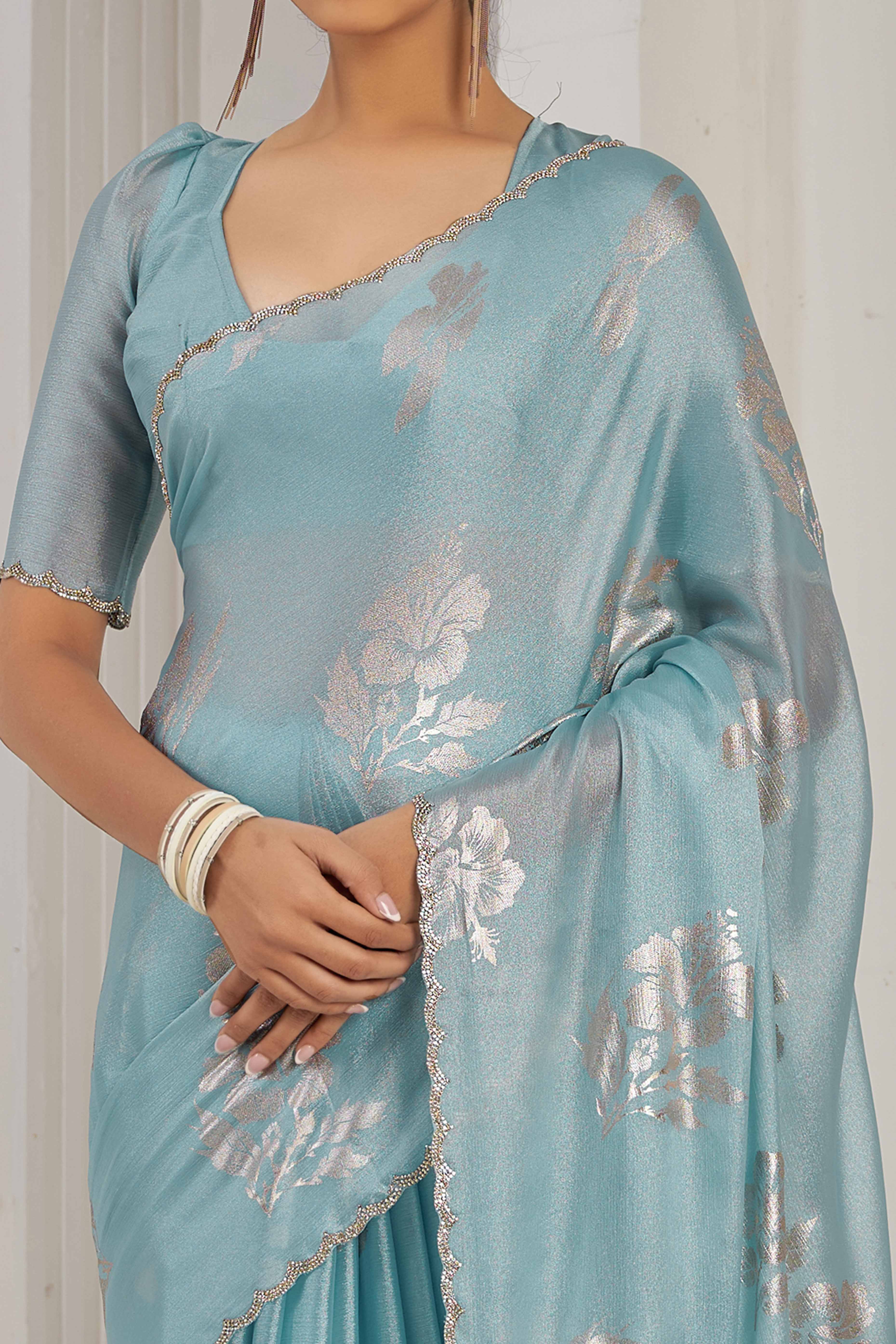 Sky Blue Floral Printed Stone Work Satin Saree