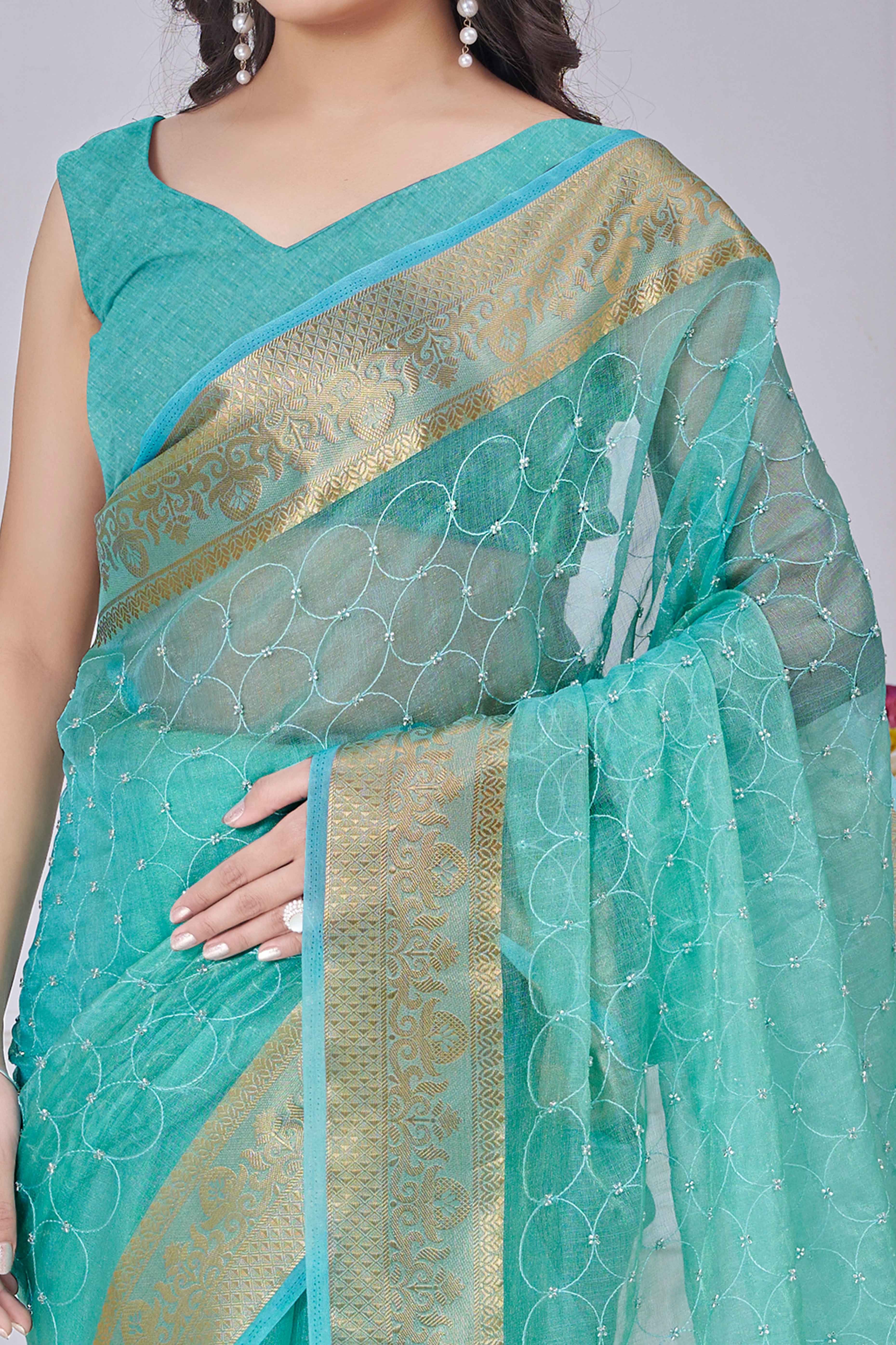 Turquoise Pure Jacquard Saree Weaving with Delicate Beads and Embroidery
