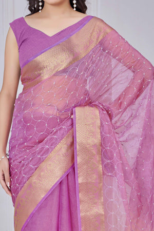 Purple Pure Jacquard Saree Weaving with Delicate Beads and Embroidery