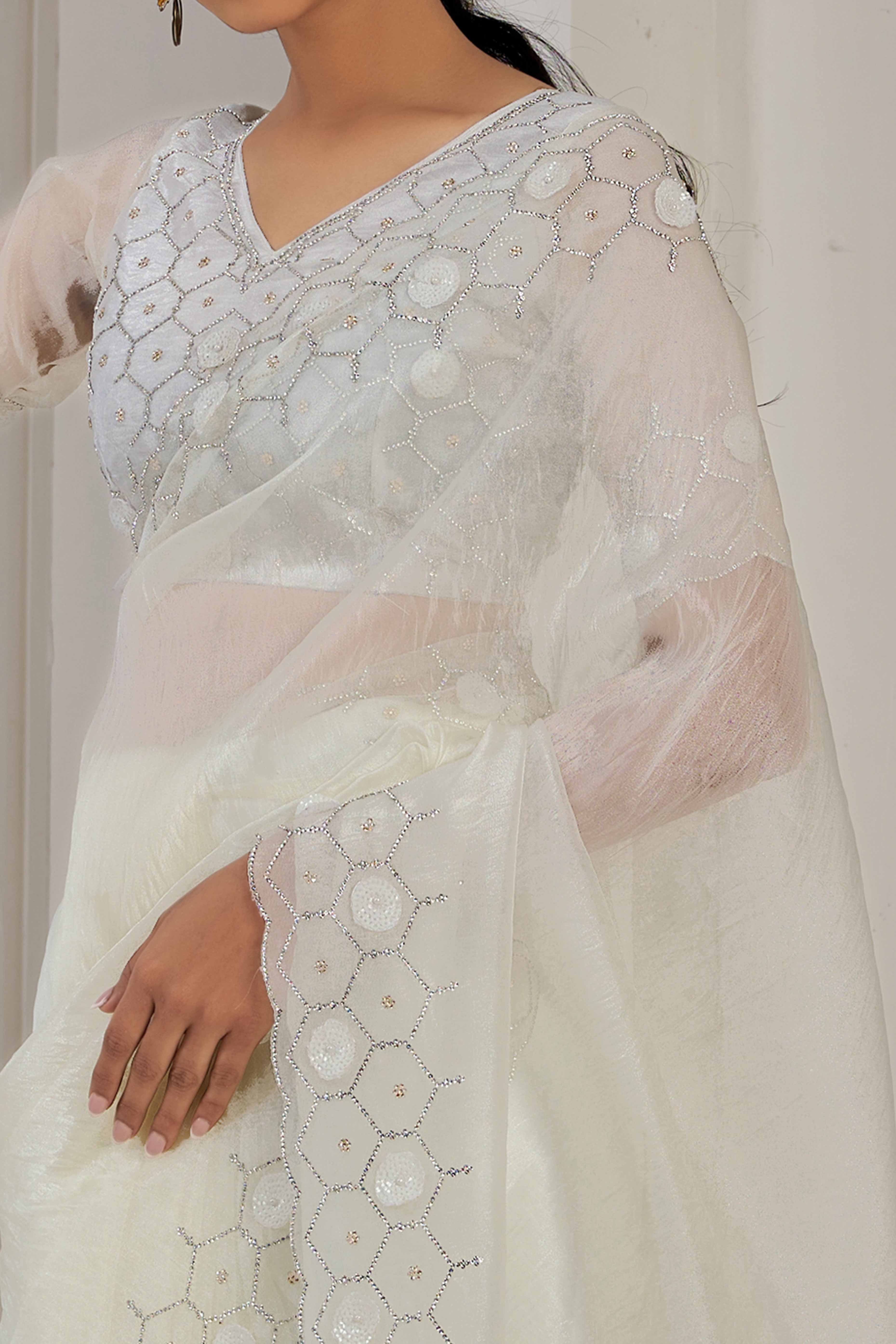 White Stone Work Soft Organza Saree