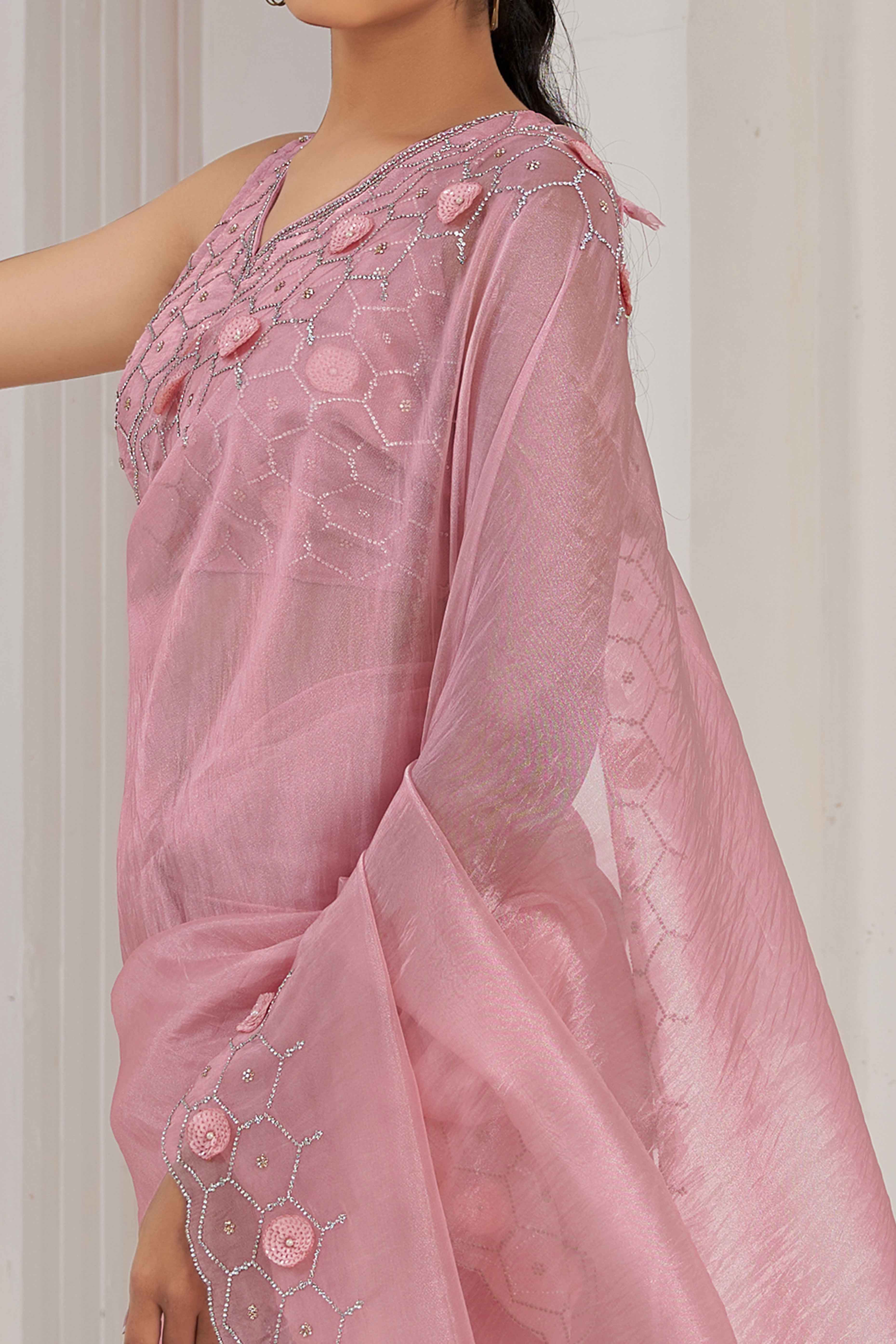 Peach Stone Work Soft Organza Saree