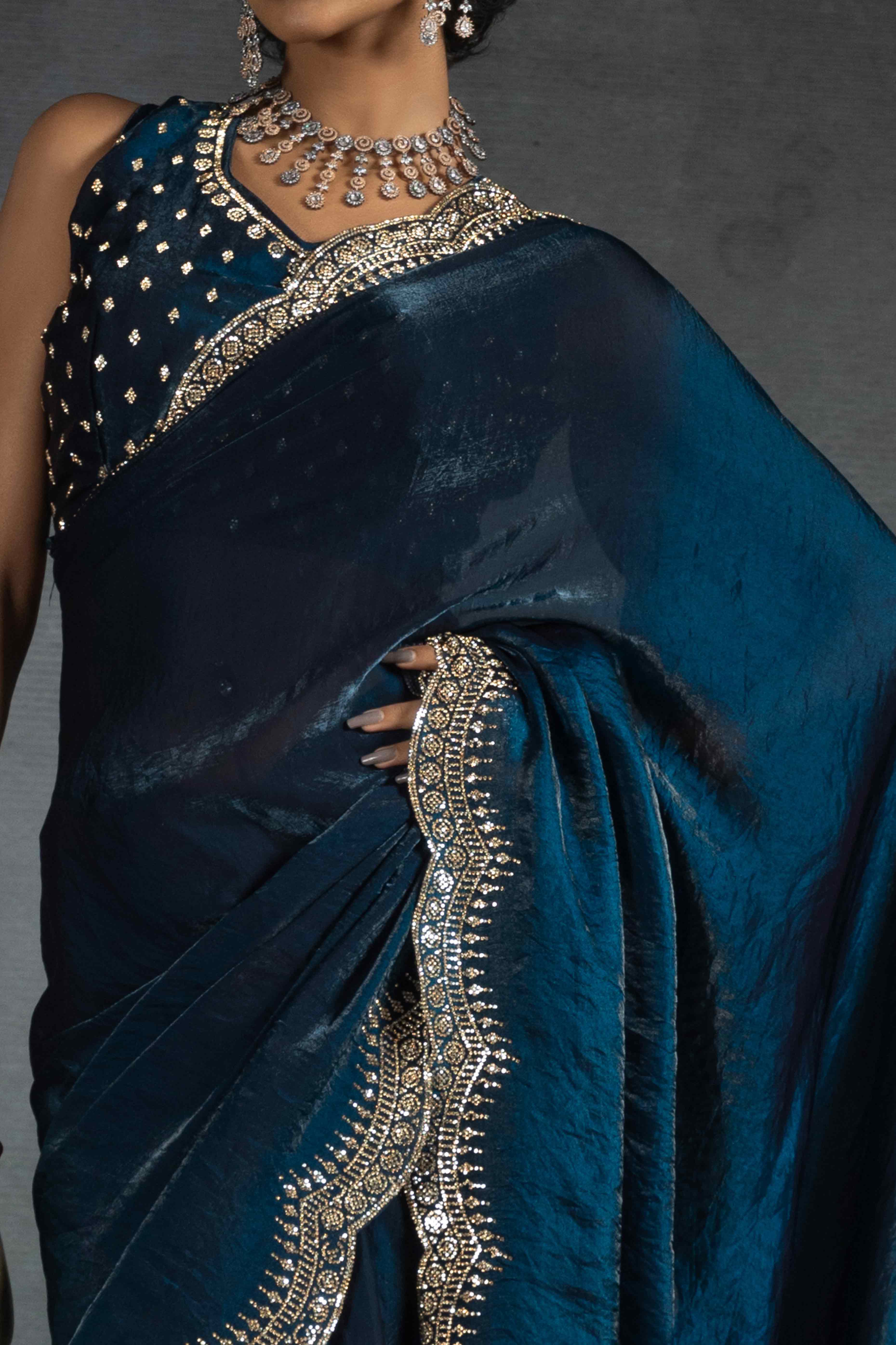 Blue Satin Saree Embellished with Stones for a Party Look