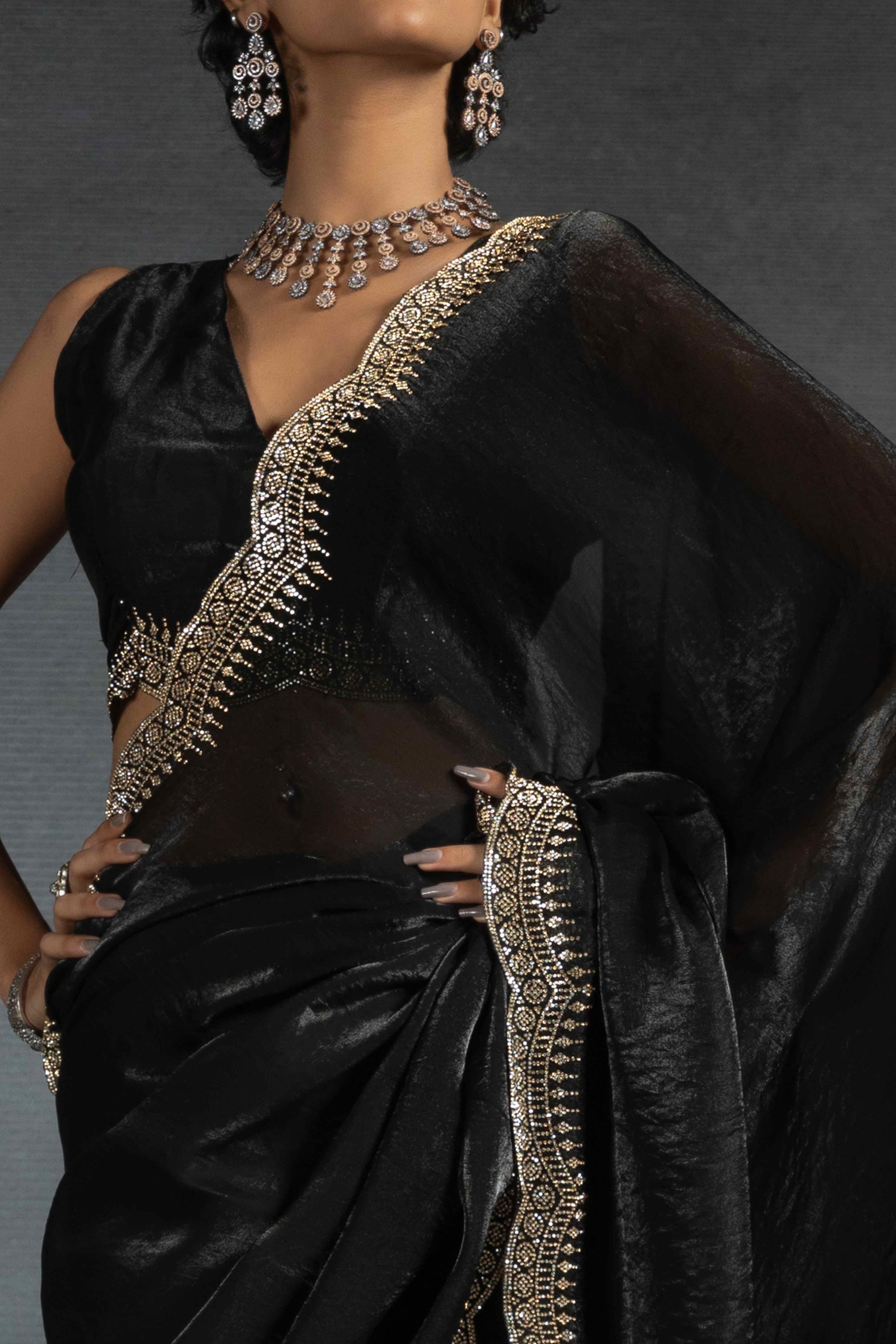 Black Satin Saree Embellished with Stones for a Party Look
