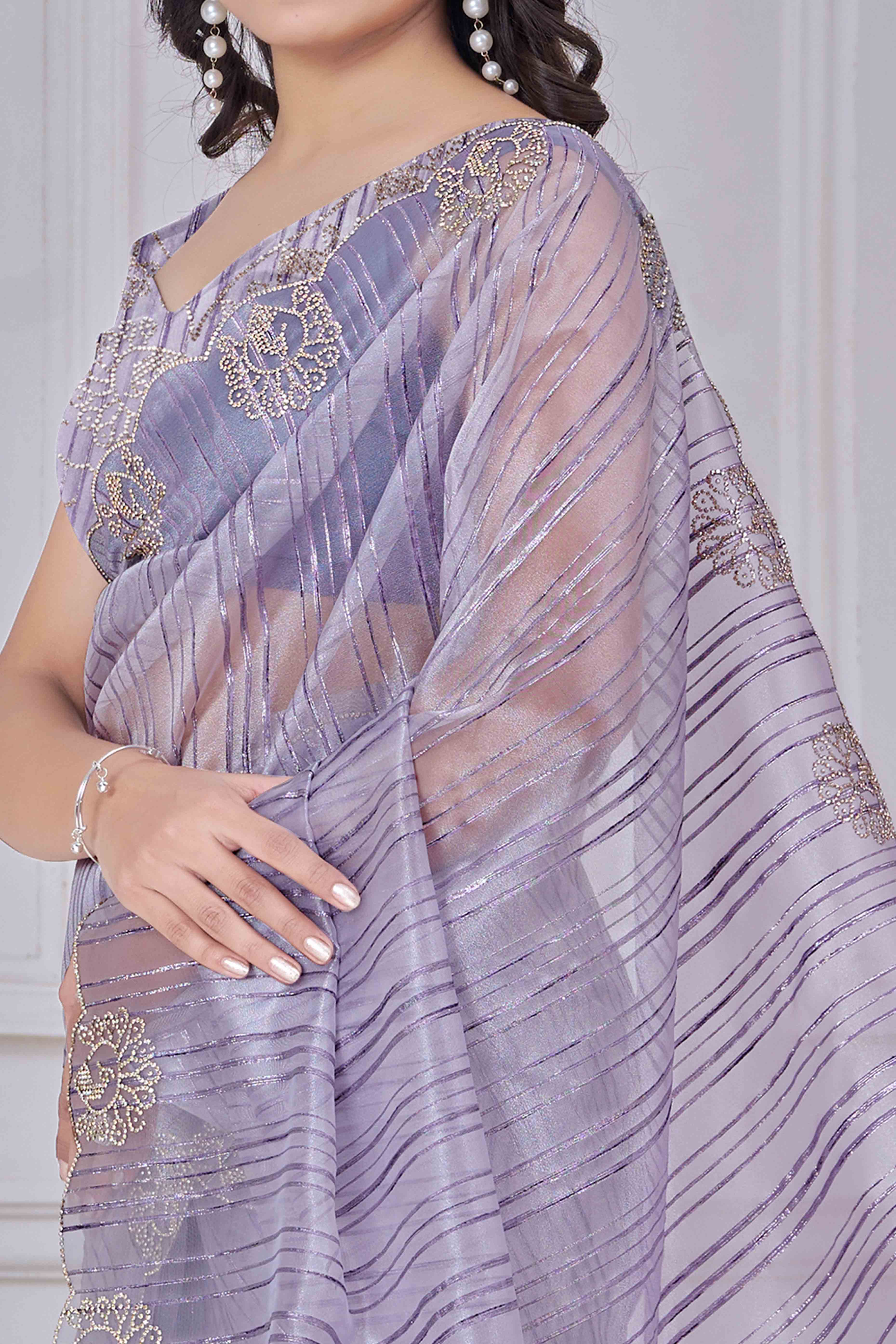 Lavender Cotton Blend Saree with Modern Stripes and Delicate Stone Embroidery