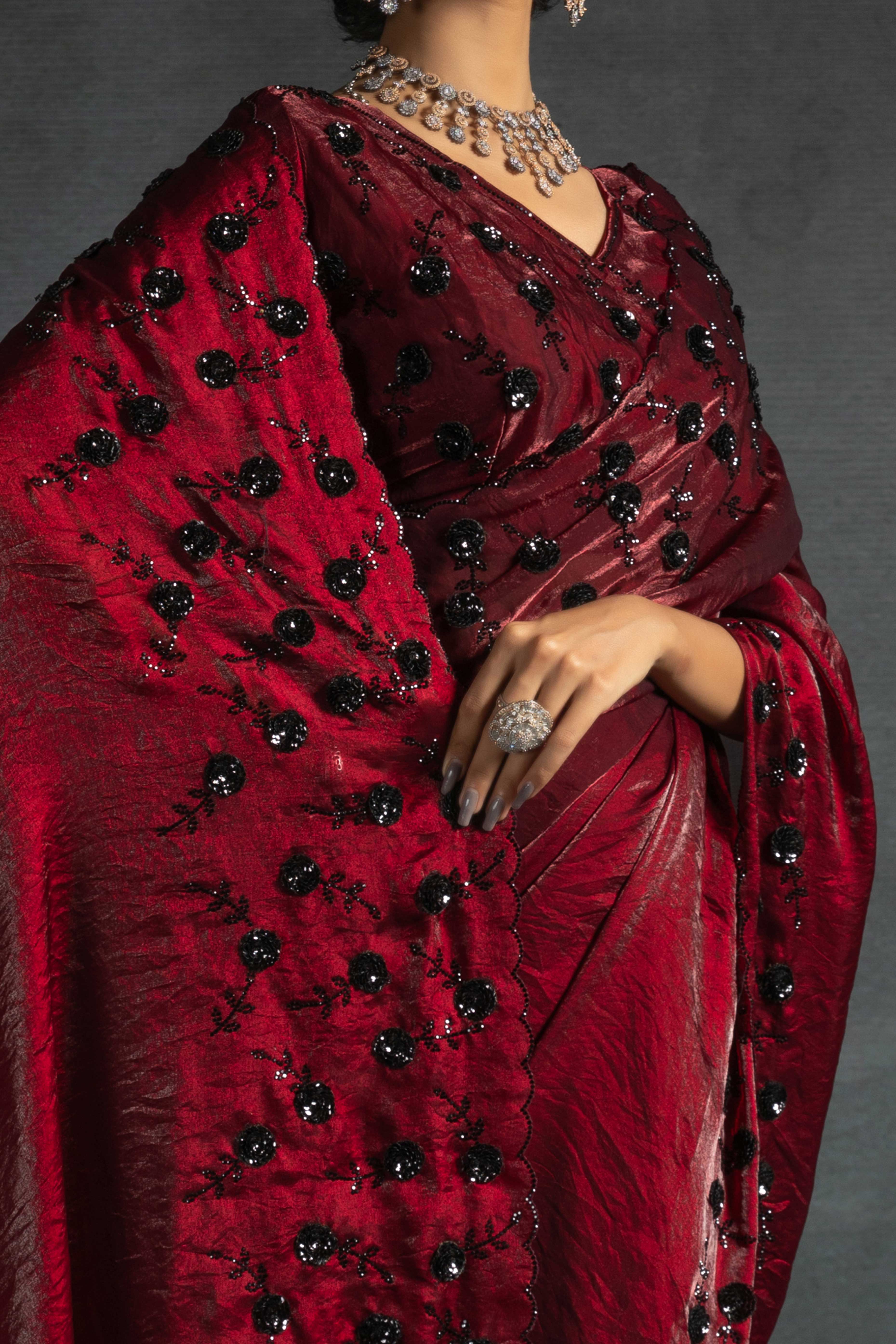 Maroon Satin Saree with Stone and Sequin Embellishment