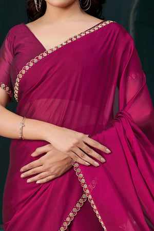 Magenta Crepe Silk Solid Saree With Elegant Zarkan Border Detailing