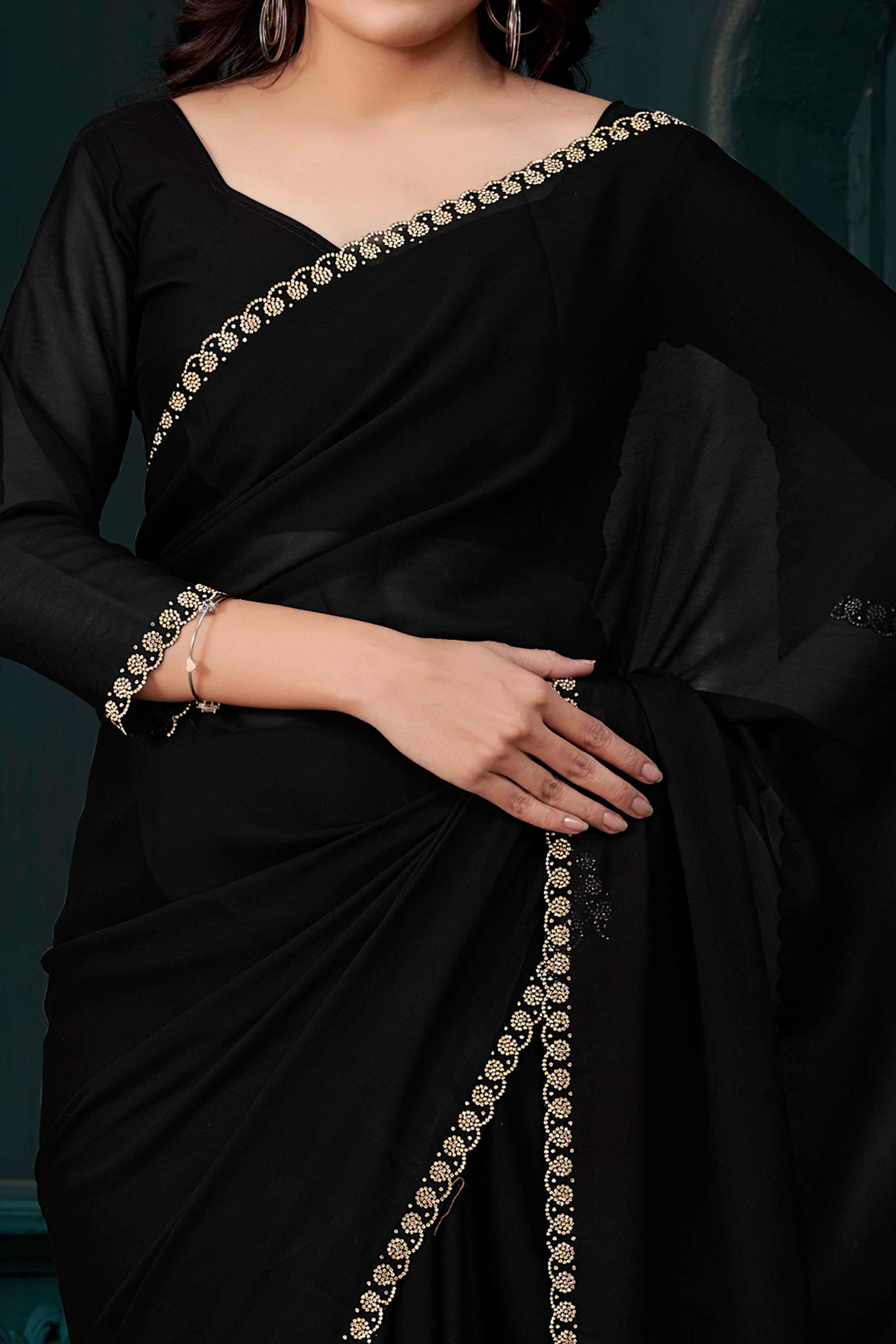 Black Crepe Silk Solid Saree with Elegant Zarkan Border Detailing