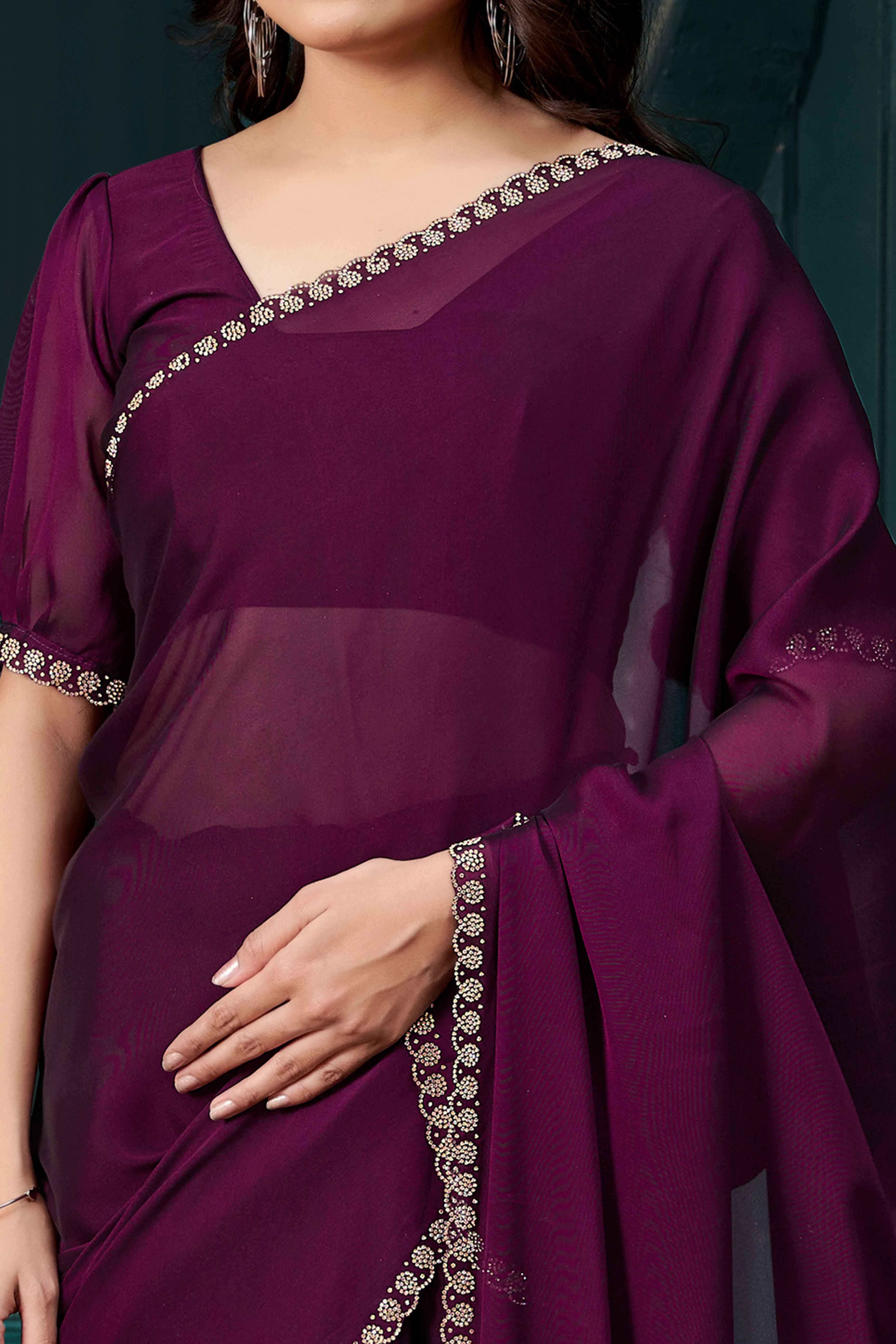 Wine Crepe Silk Solid Saree with Elegant Zarkan Border Detailing