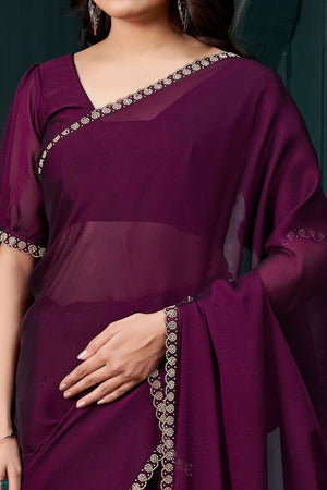 Wine Crepe Silk Solid Saree with Elegant Zarkan Border Detailing