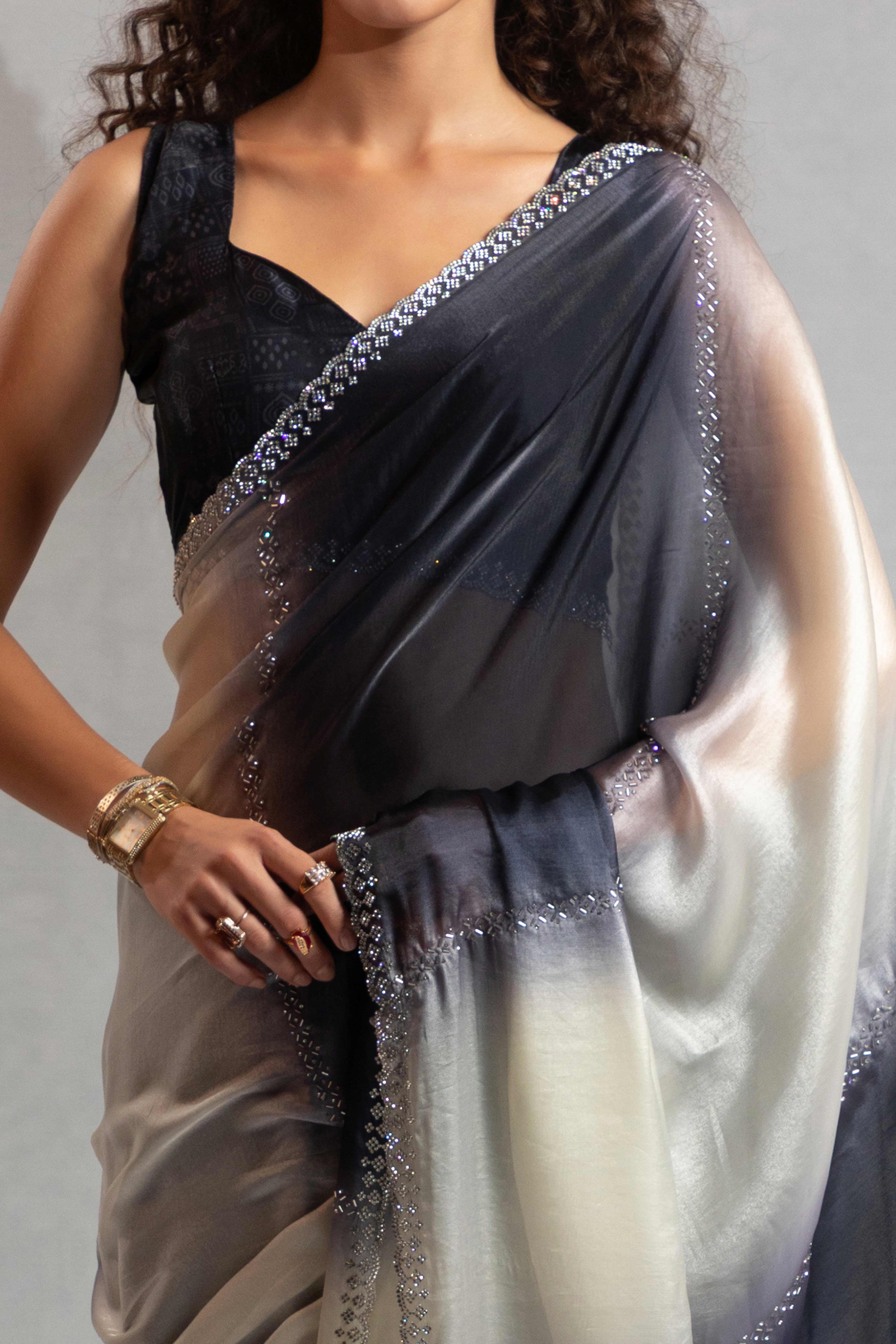 Black & Off White Satin Silk Saree Decorated With Stone Embellishments