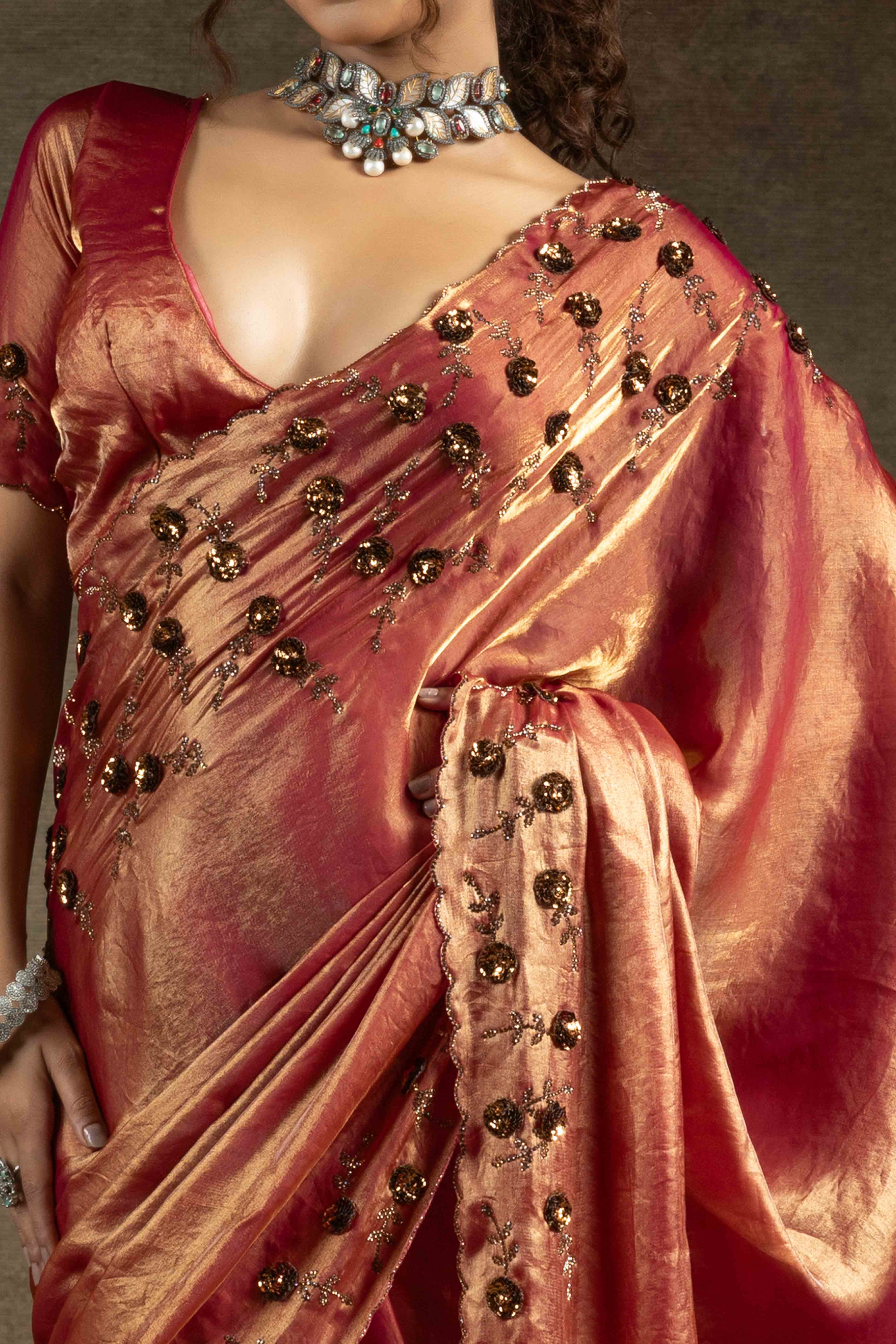Brick Red Zarkan With Sequin & Beads Work Satin Silk Two Tone Saree