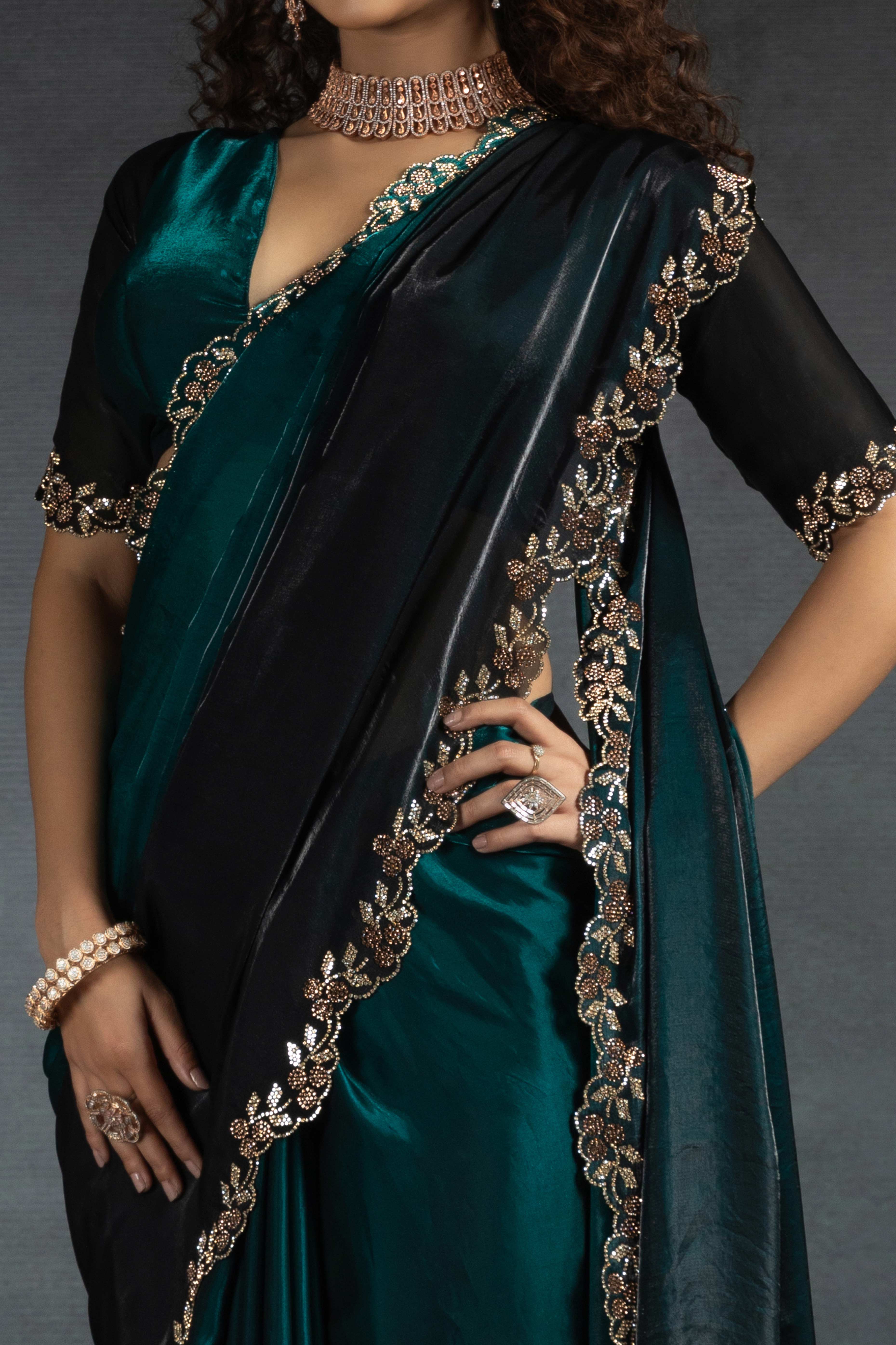 Teal Satin Silk Two Tone Saree with Intricate Zarkan Embellishments